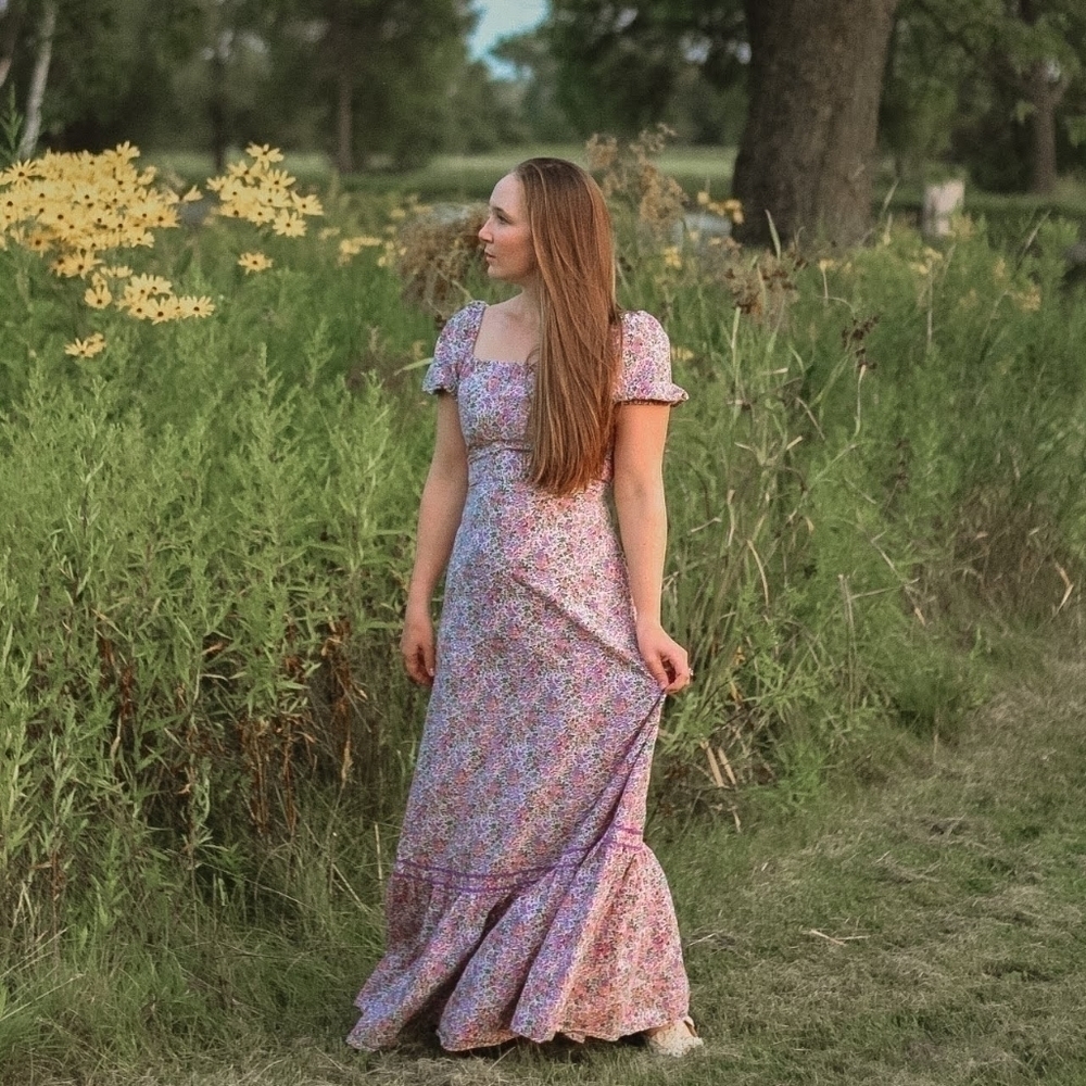 Vintage Floral Cottagecore Prairie Ruffled Maxi Dress - Size XS